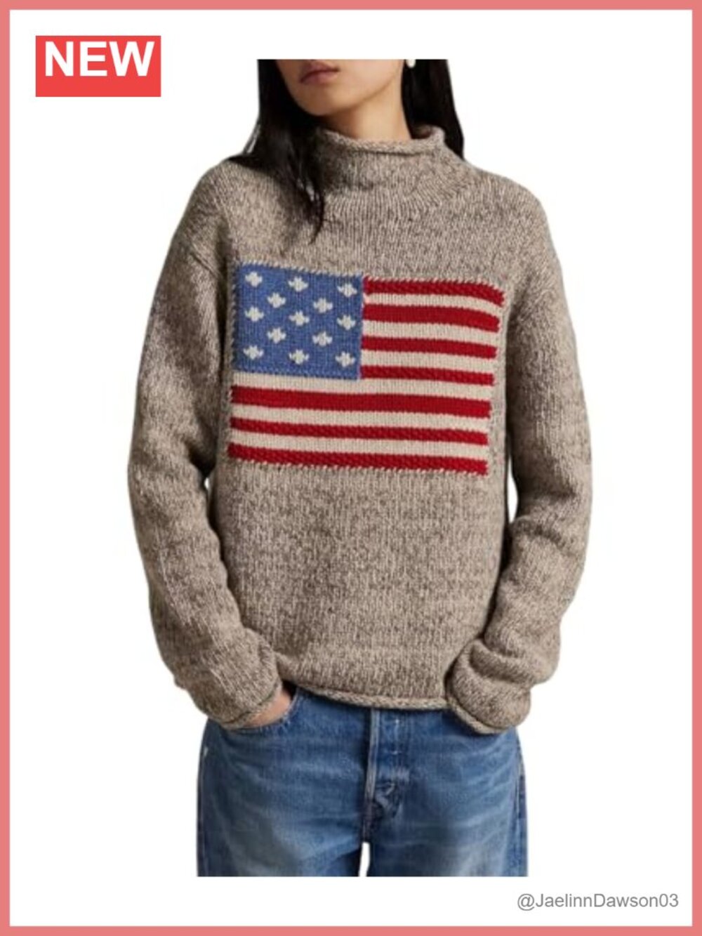 Vintage American Flag Sweater Turtleneck Knitted Pullover Soft Lightweight